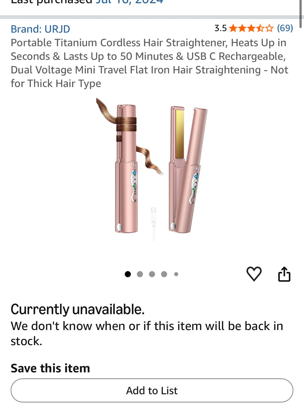 Rose Gold Portable Cordless Hair Straightener & Curler